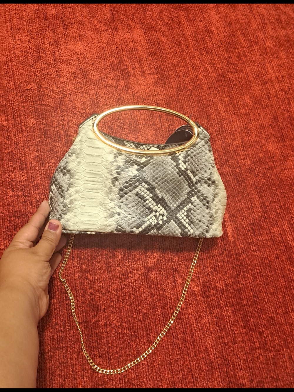 Snake-Embossed Cream Crossbody Bag with Gold Ring Handle